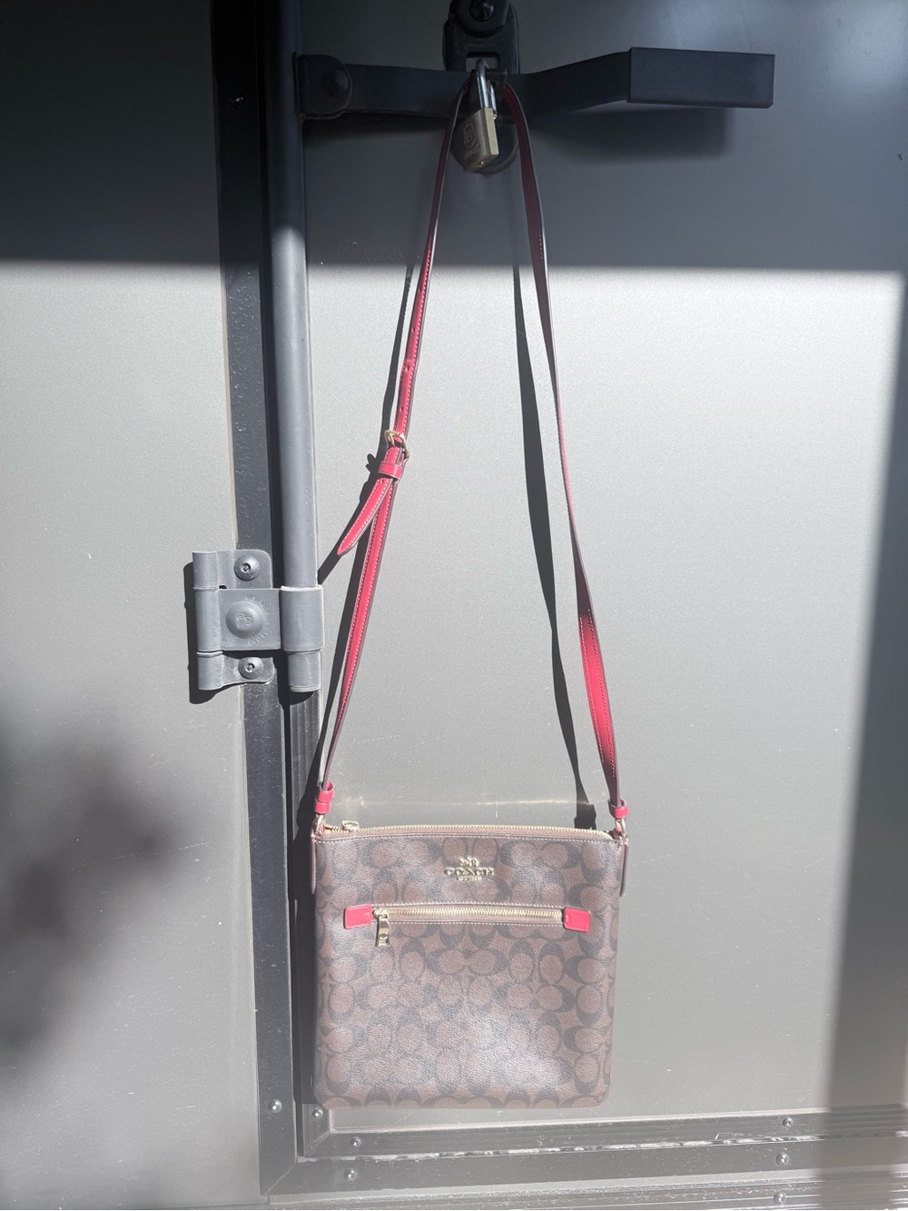 Coach Brown Signature Crossbody with Red Trim